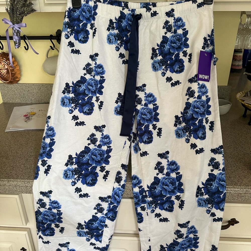 Forever 21 White Pajama Pants with Blue Floral Print